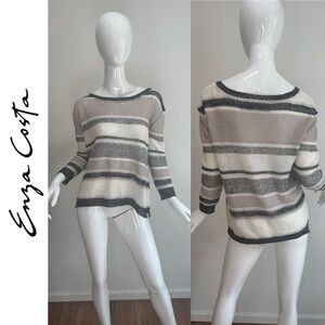 ENZA COSTA Open Knit Striped Neutral Linen Lightweight Sweater